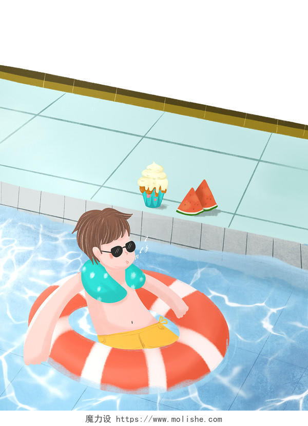彩色手绘卡通男孩游泳游泳池夏天元素PNG素材